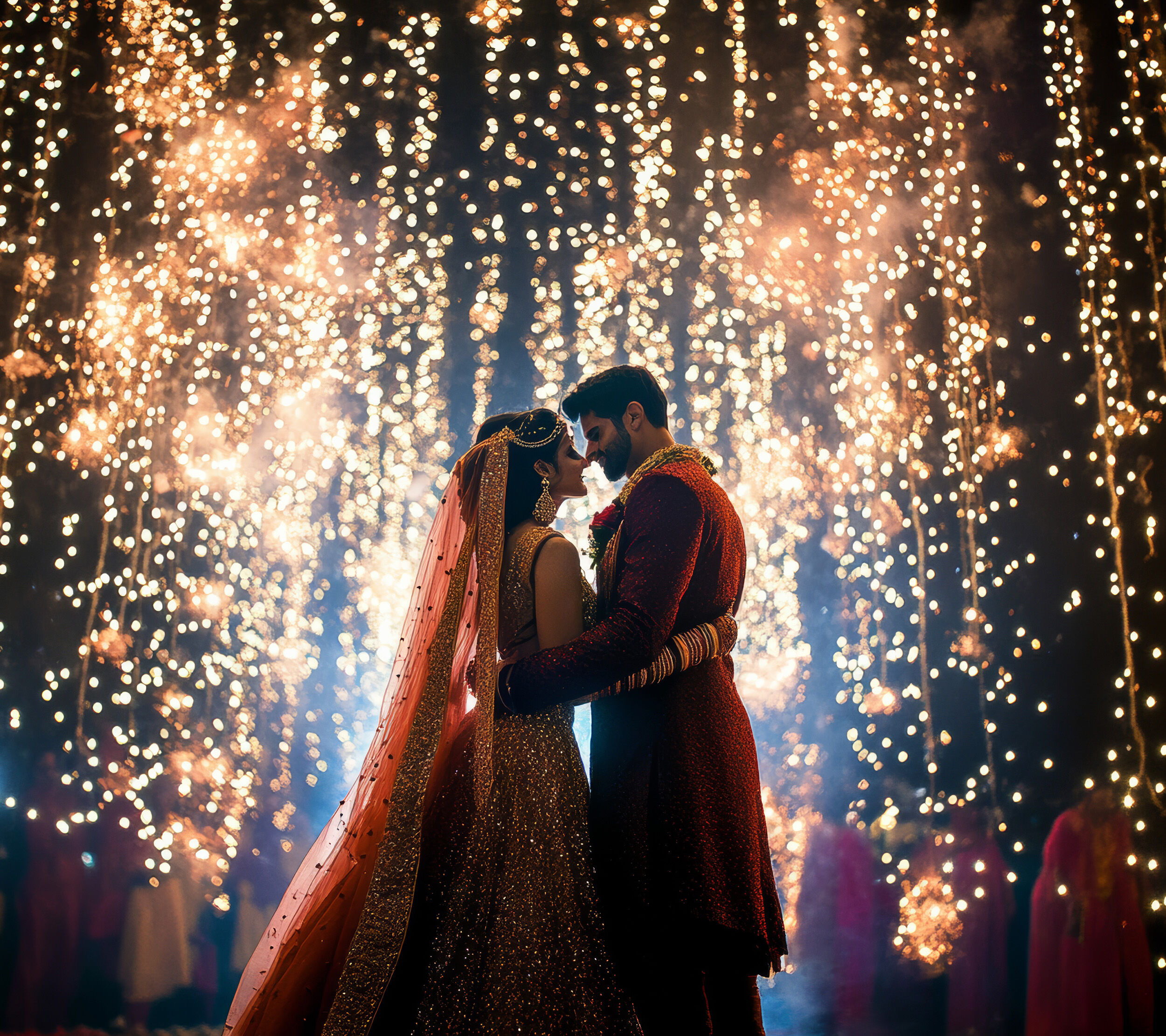 A b ride and groom romantically enjoying on their wedding with sparcles behind